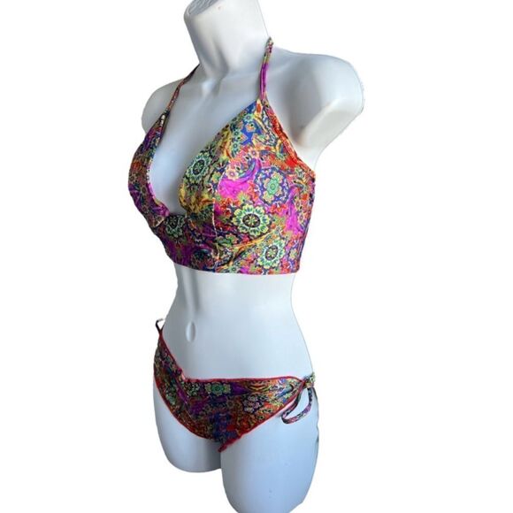 LULI FAMA Colorful Bikini Set Deep V-Neckline Bottom Low-Rise Fit Size L. - Picture 4 of 10